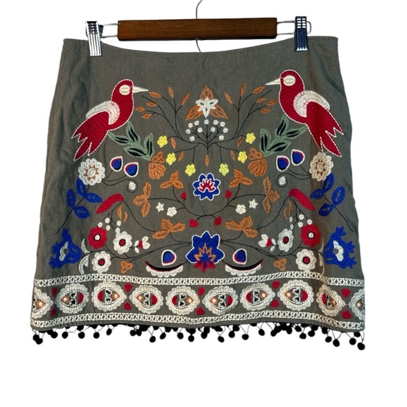 Altar'd State Dresses & Skirts - Altard State Womens Sz L Embroidered Linen Cotton Mini Skirt Floral Birds PomPom